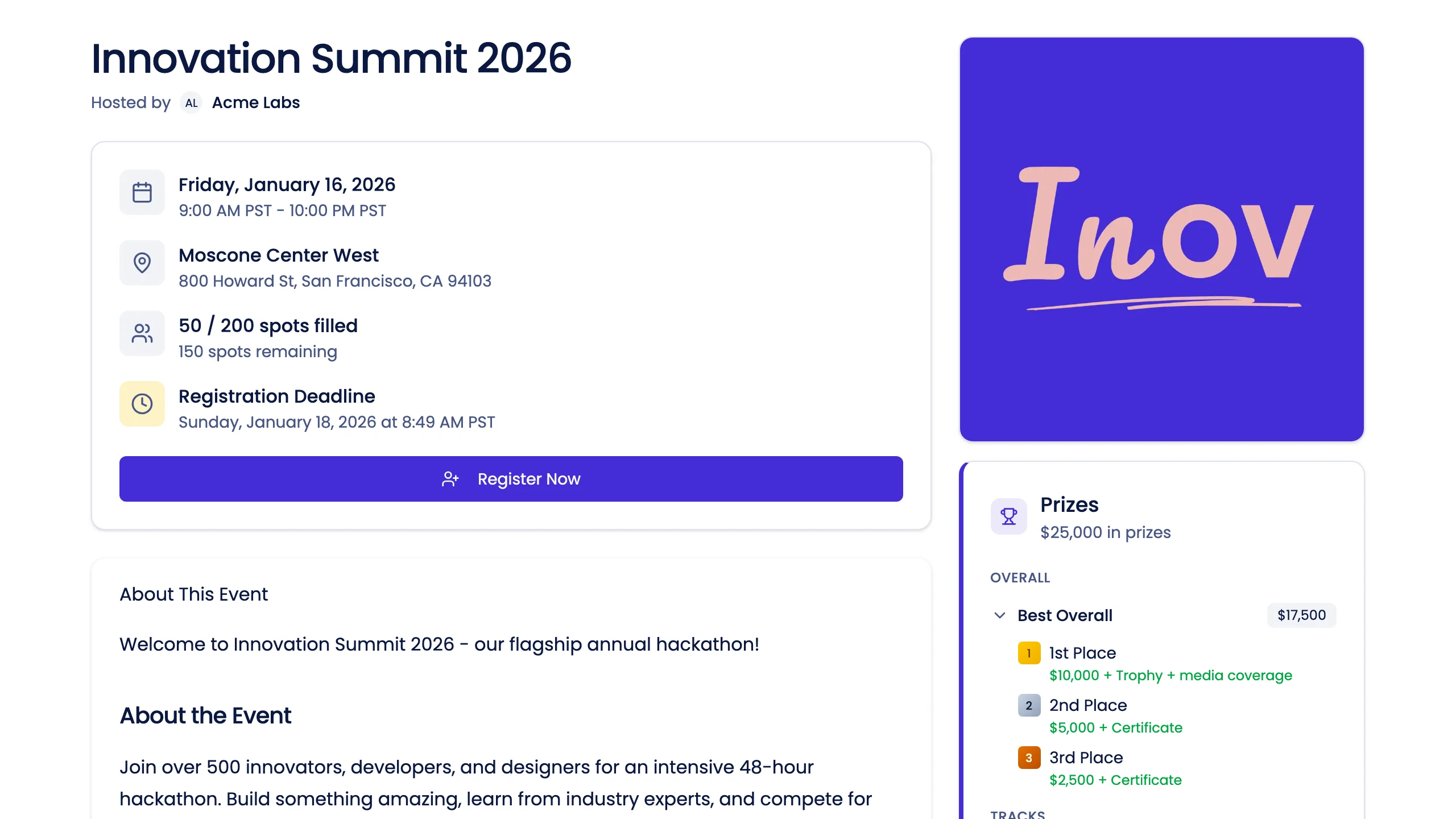 Professional event page showing hackathon details, schedule, prizes, and registration for participants