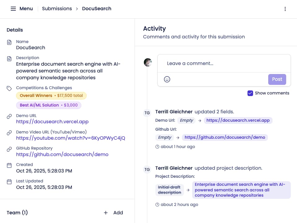 Participant CRM interface showing filterable participant list, submission details, team composition, and activity timeline
