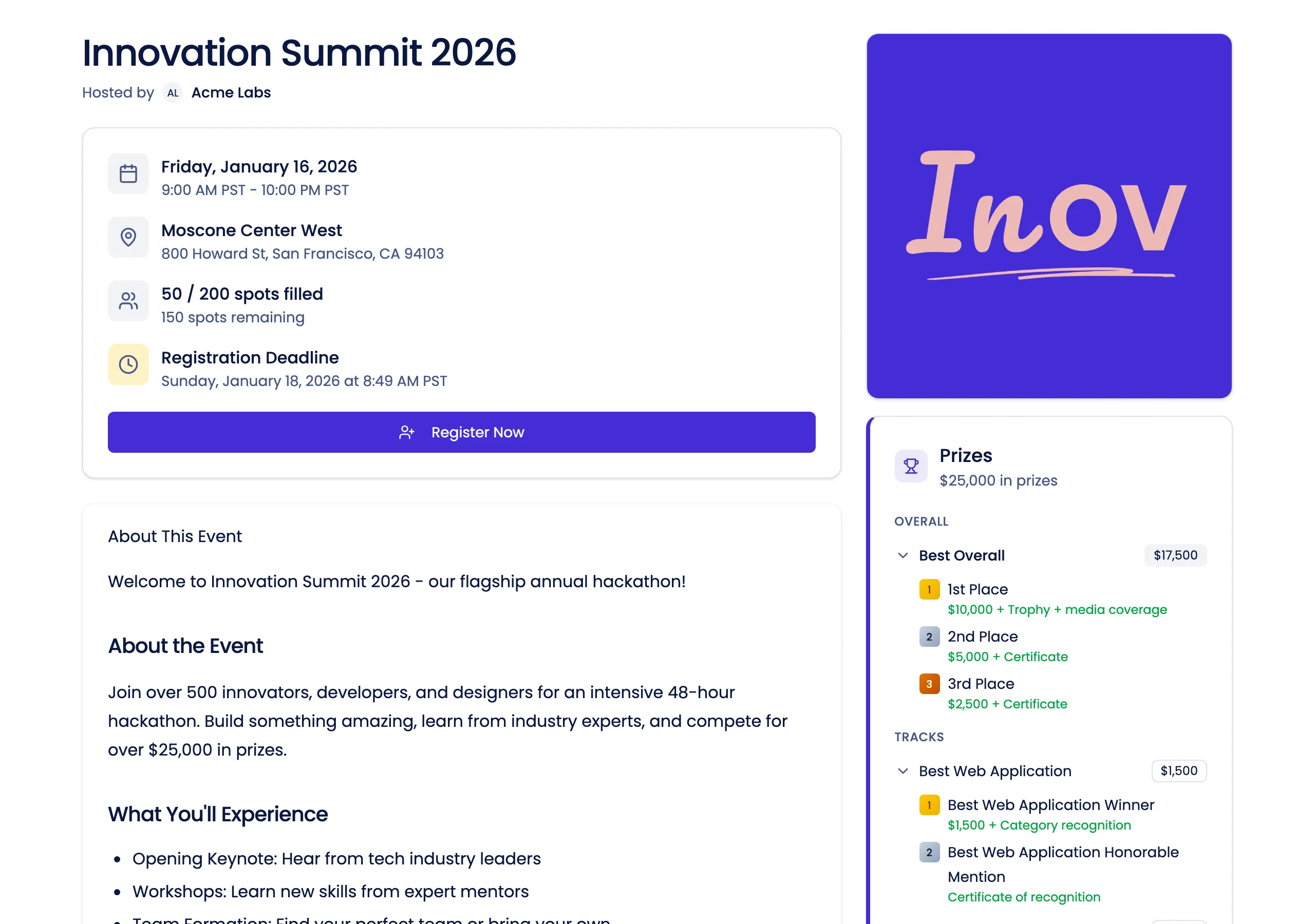 Professional event page showing hackathon details, schedule, prizes, and registration for participants