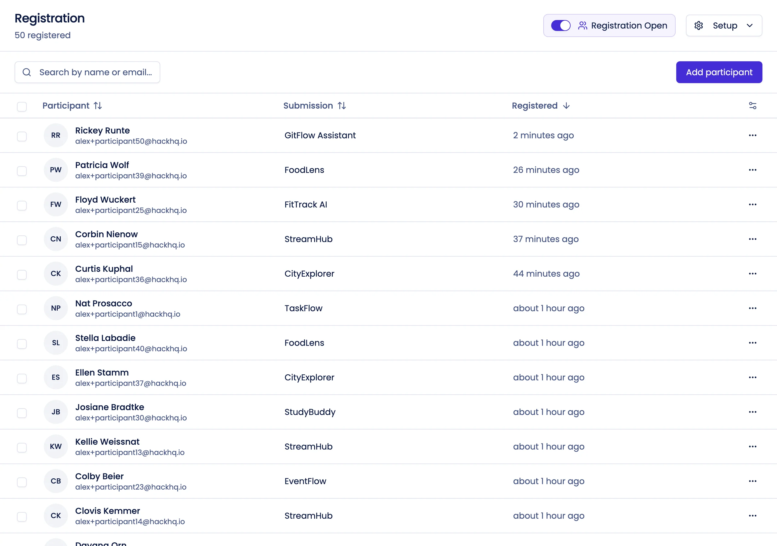Registration management with custom form builder, participant data table, and QR code sharing