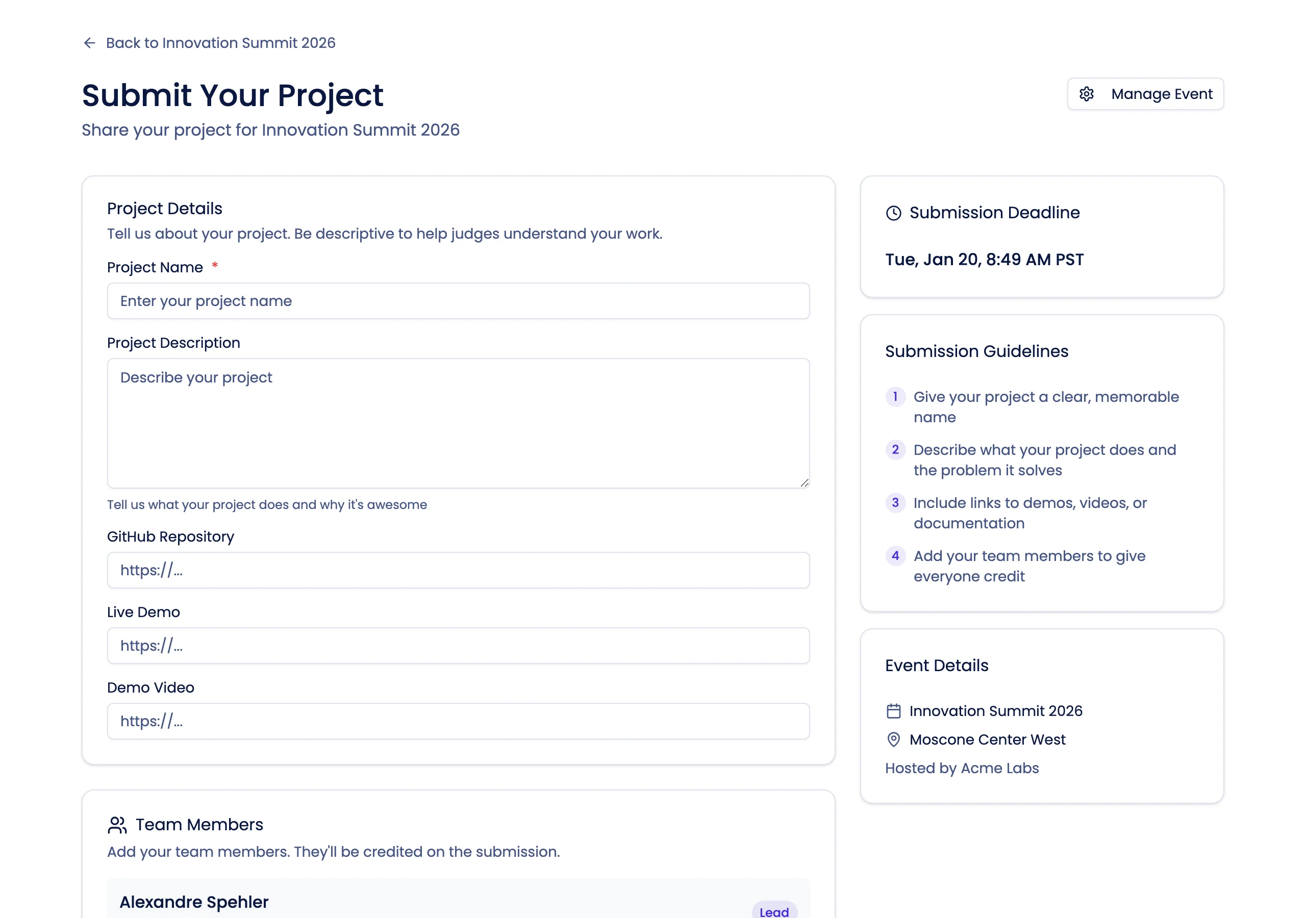 Project submission form with team members, track selection, and custom fields for participants