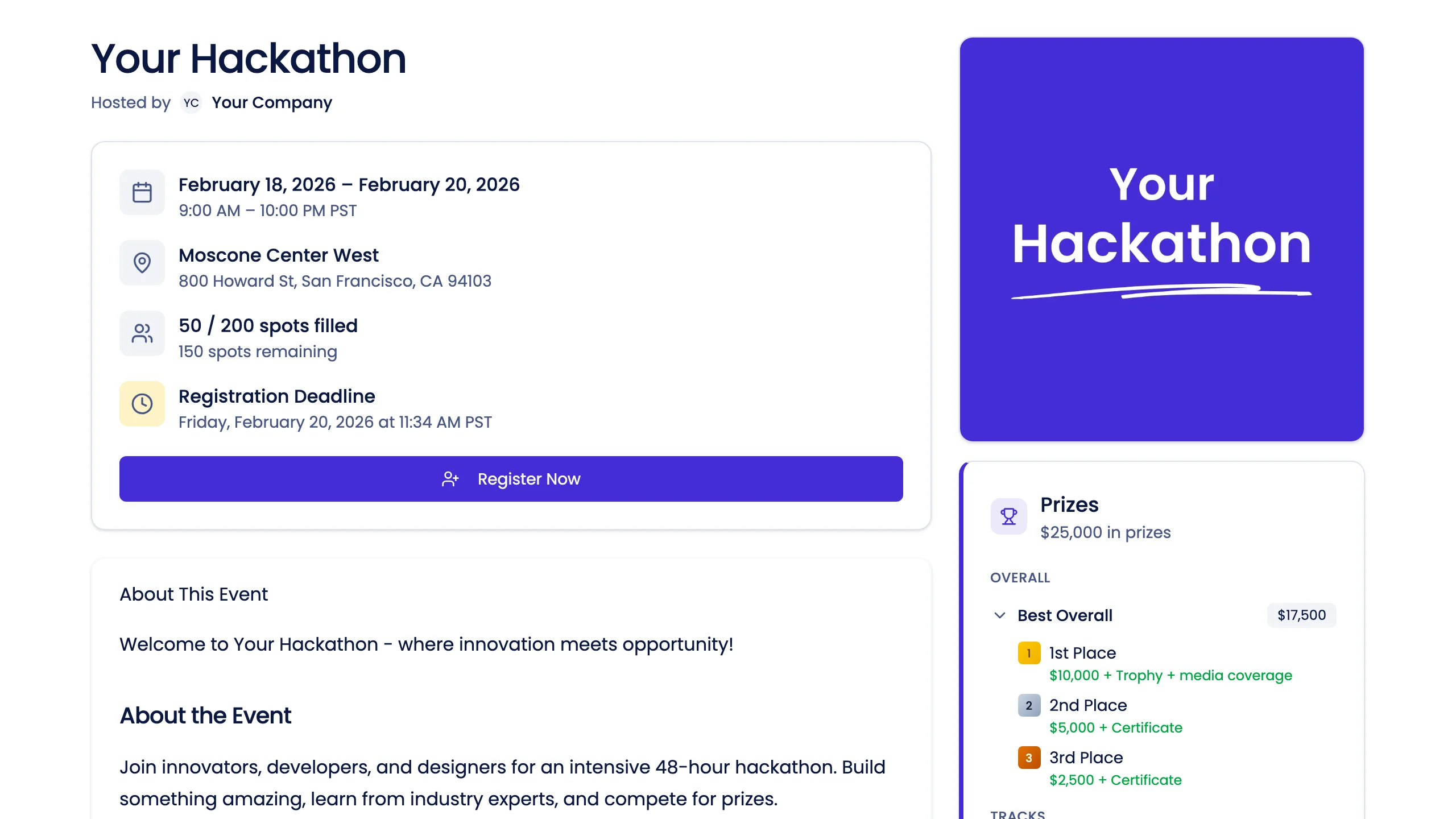 Professional event page showing hackathon details, schedule, prizes, and registration for participants
