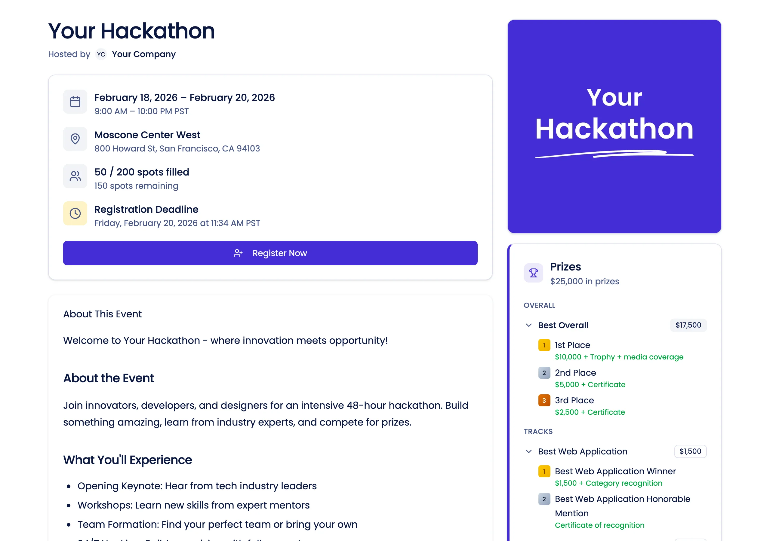 Professional event page showing hackathon details, schedule, prizes, and registration for participants