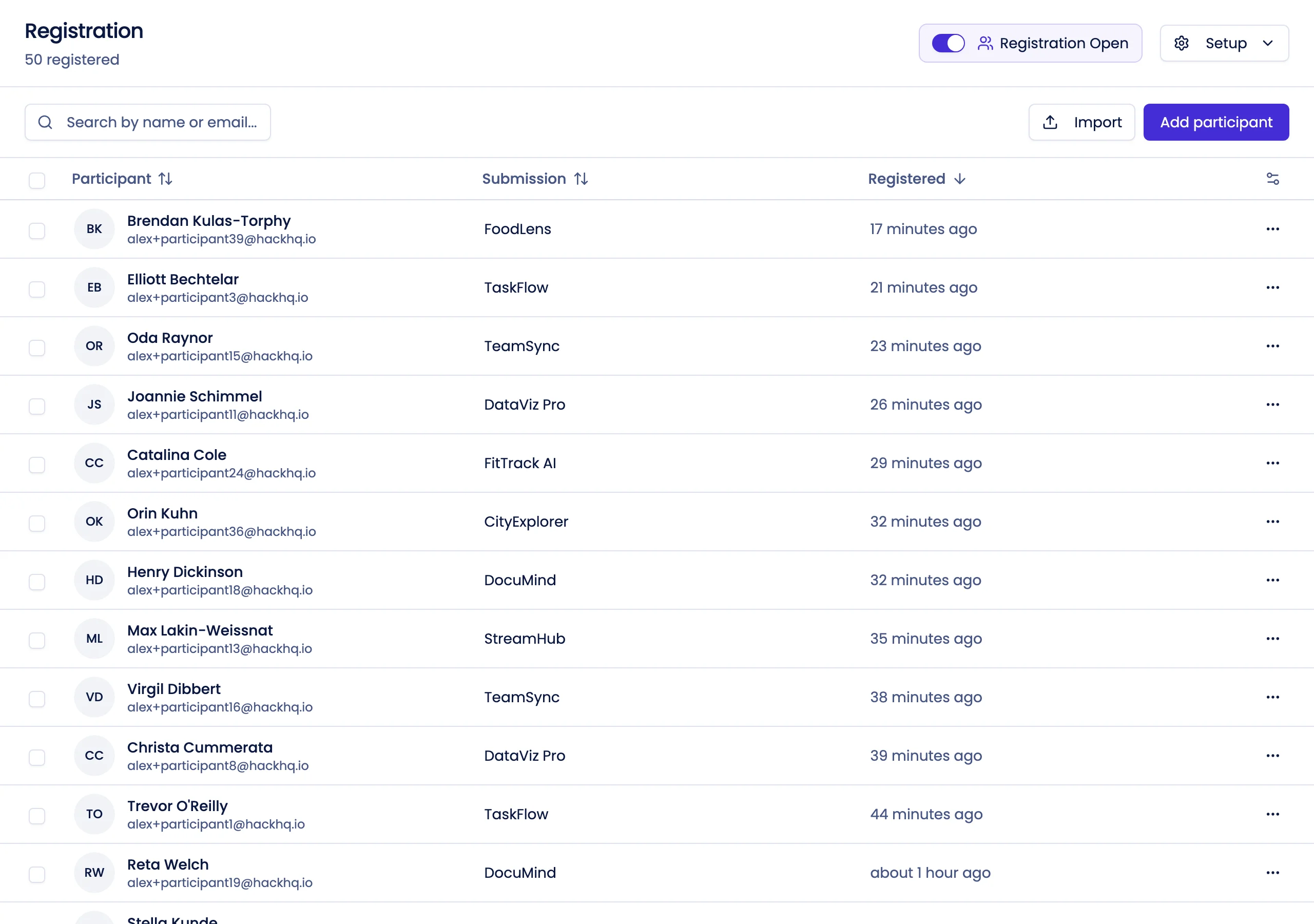 Registration management with custom form builder, participant data table, and QR code sharing