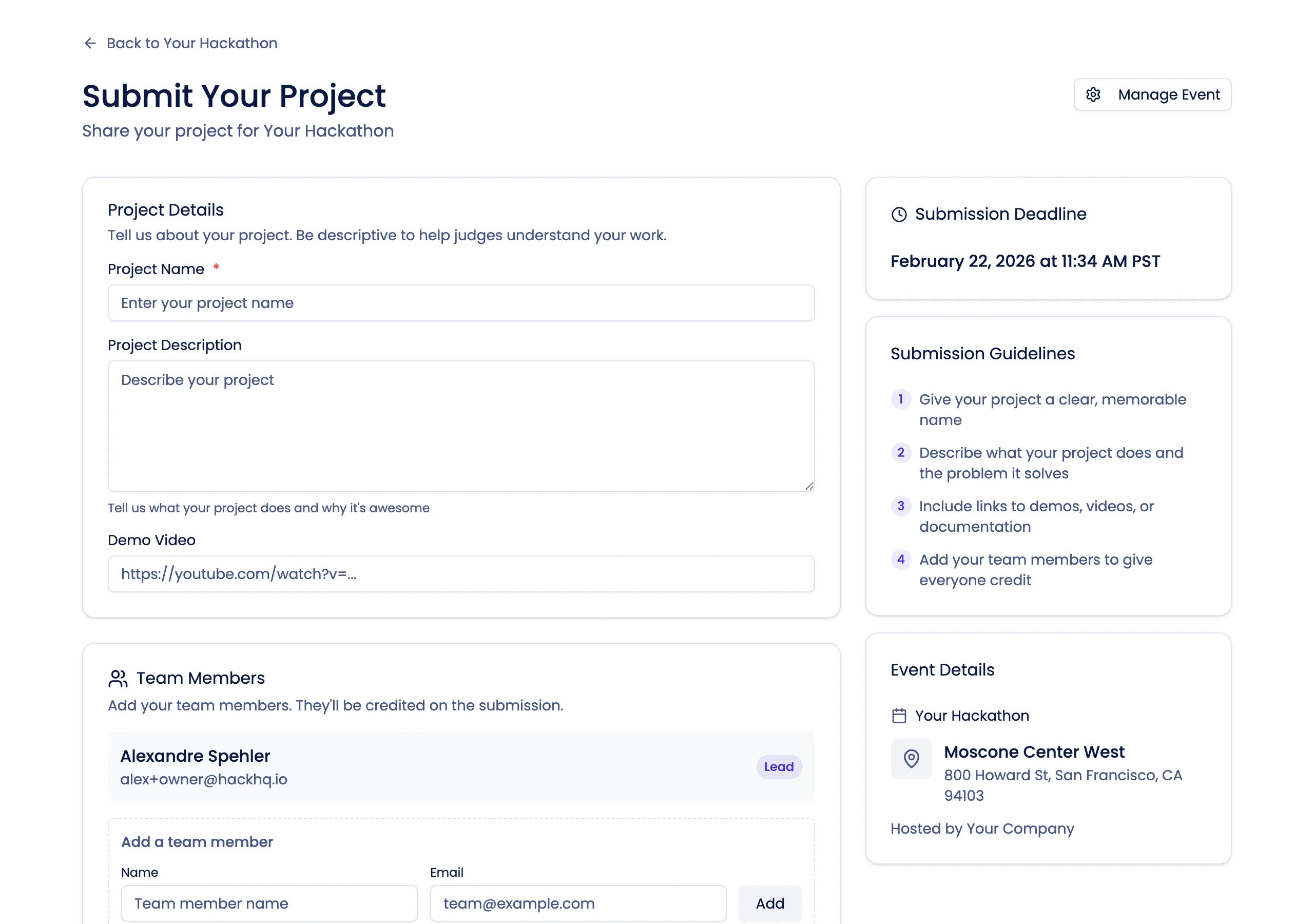 Project submission form with team members, track selection, and custom fields